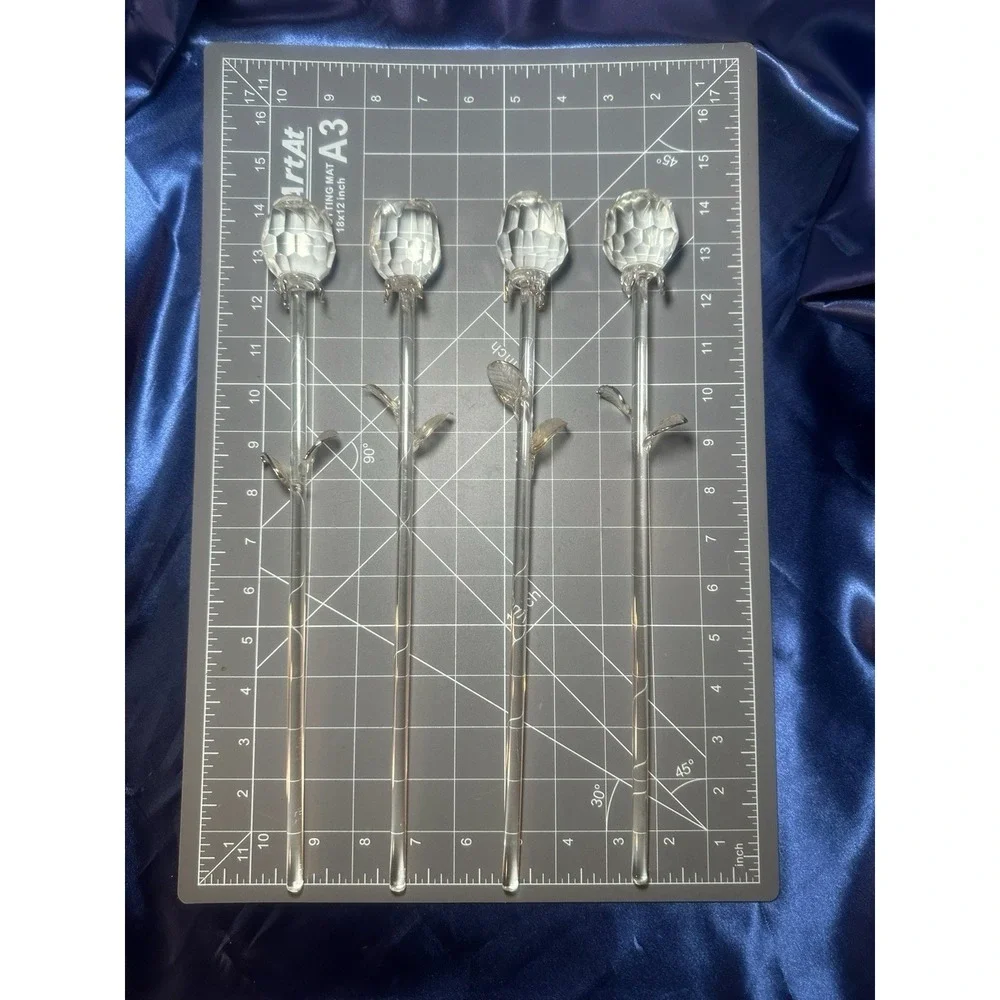 Set Of 4 Clear Glass Long Stem Roses Gold Silver Trim 14